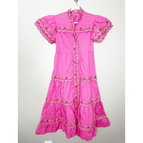 CeliaB Alvis Fuschia Pink Scalloped Edge Tiered Midi Shirt Dress XS $400 - Picture 2 of 10